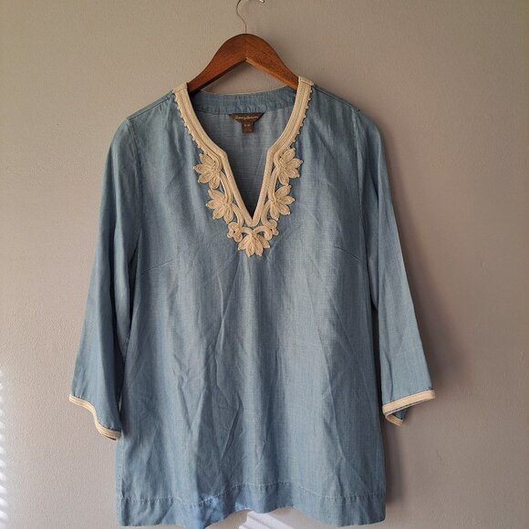 Tommy‎ Bahama Baby Blue/White Split V-neck Linen Tunic Top Swim Cover Up Medium - Picture 1 of 11